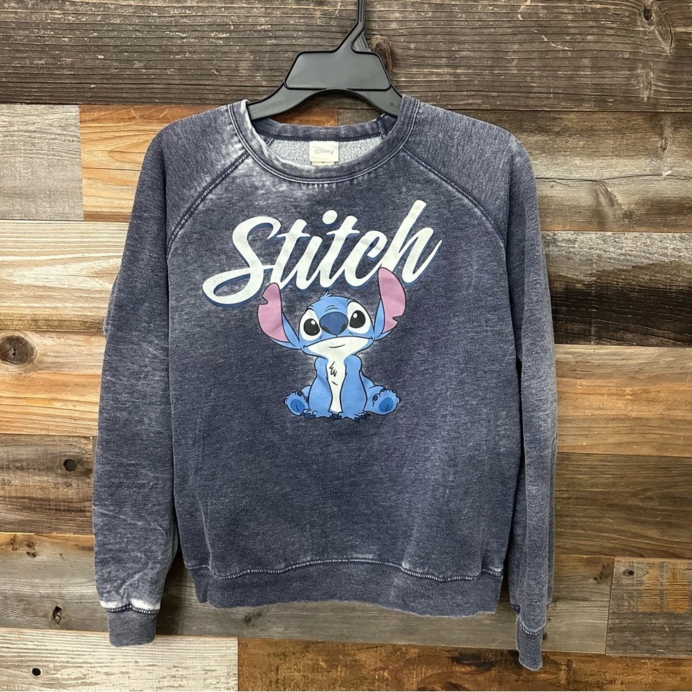 Disney Stitch Sweatshirt Womens Small Blue Gray Long Sleeve Crew Neck Acid‎ Wash
